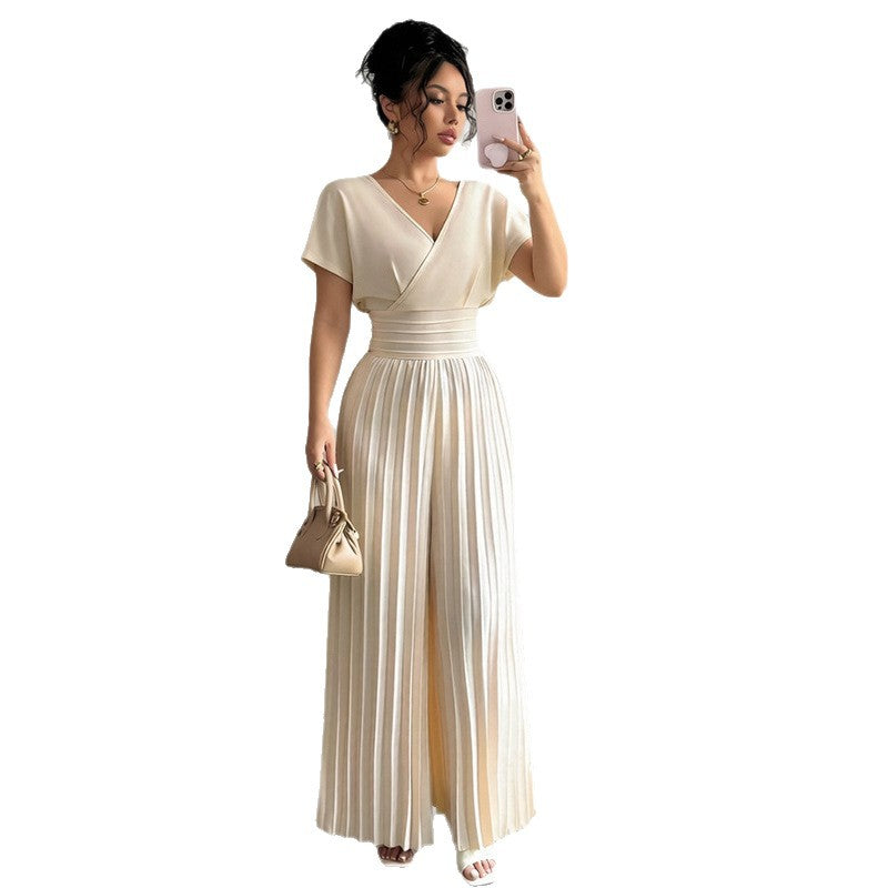 Women’s Elegant V-Neck Pleated Jumpsuit – Solid Color Waist-Cinching Short Sleeve Romper