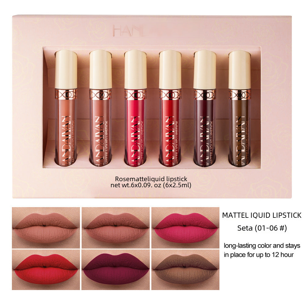 HANDAIYAN 6-Pack Matte Rose Lip Gloss Nude Lipstick, Non-stick Cup Velvet Lip Stain Set