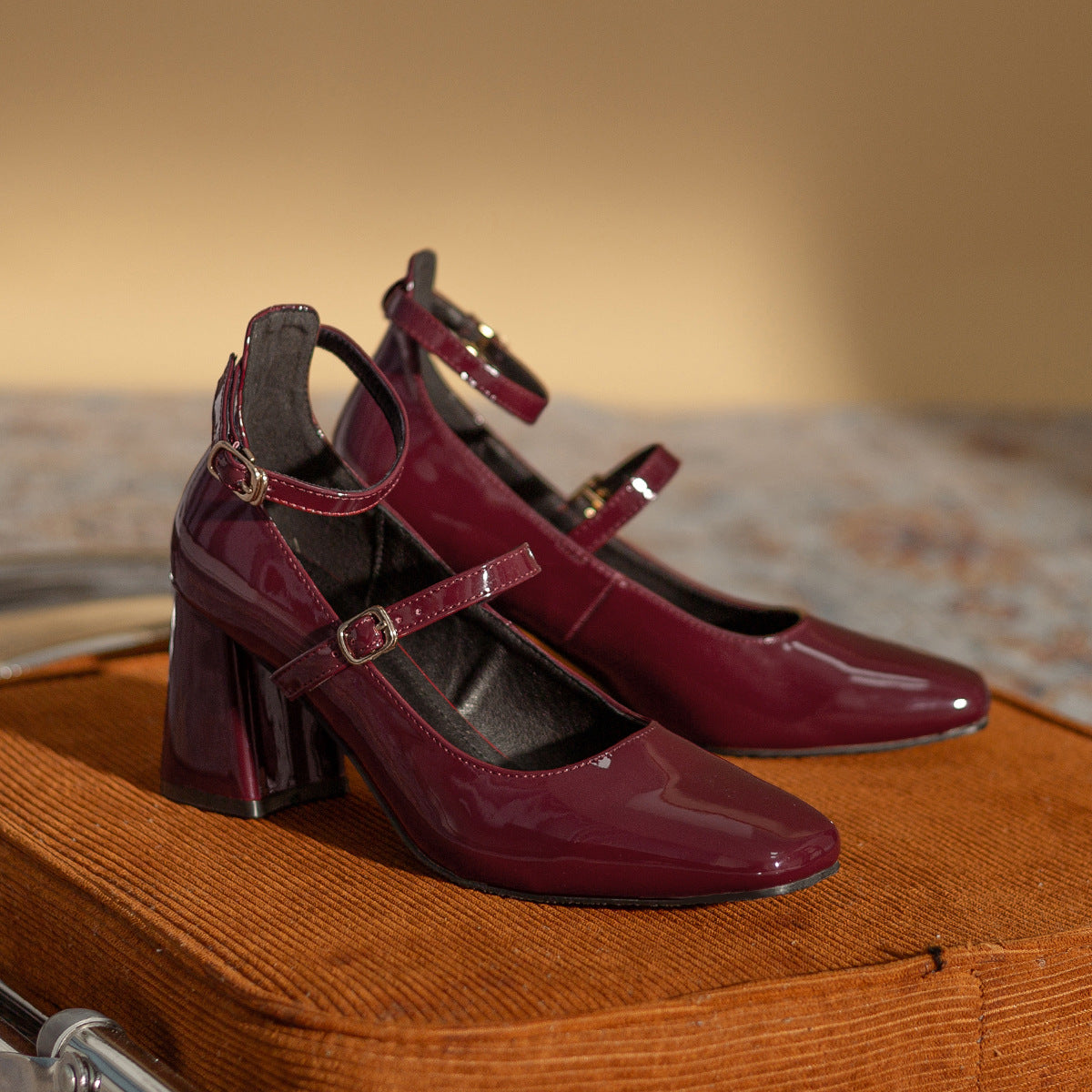 Mary Jane Leather Burgundy Heel Heel Temperament