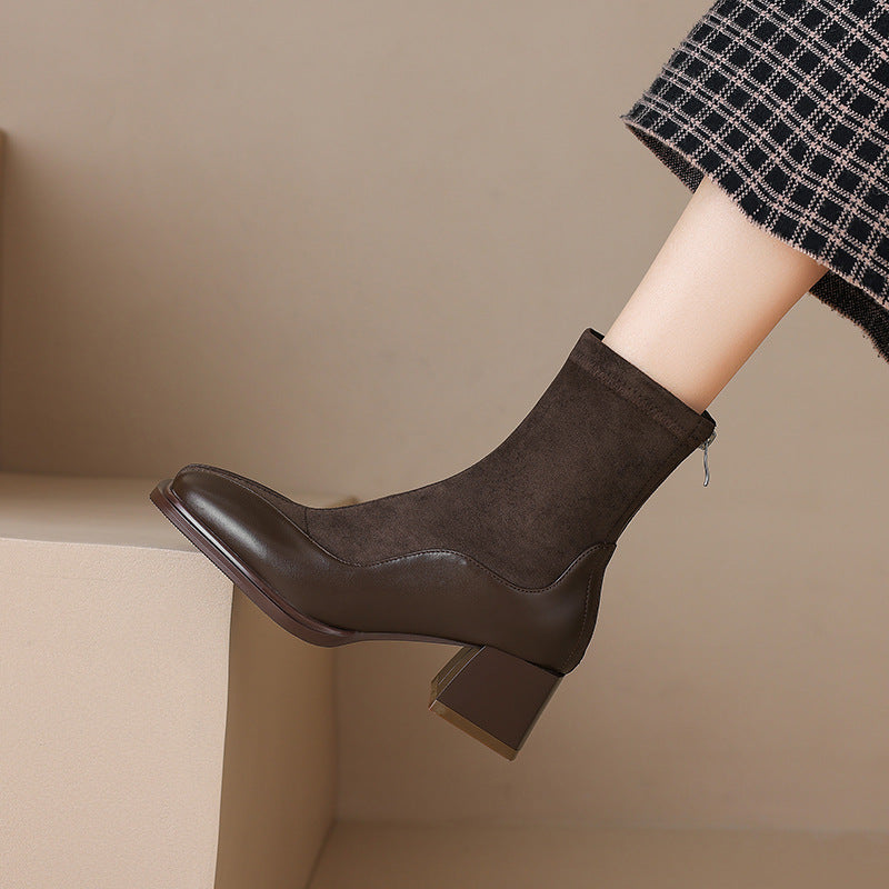 Mid-Heel Square Toe Splicing Boots