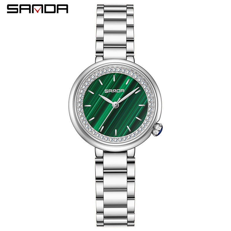 Elegant Malachite Quartz Watch with Crystal Stones - Luxury Women's
