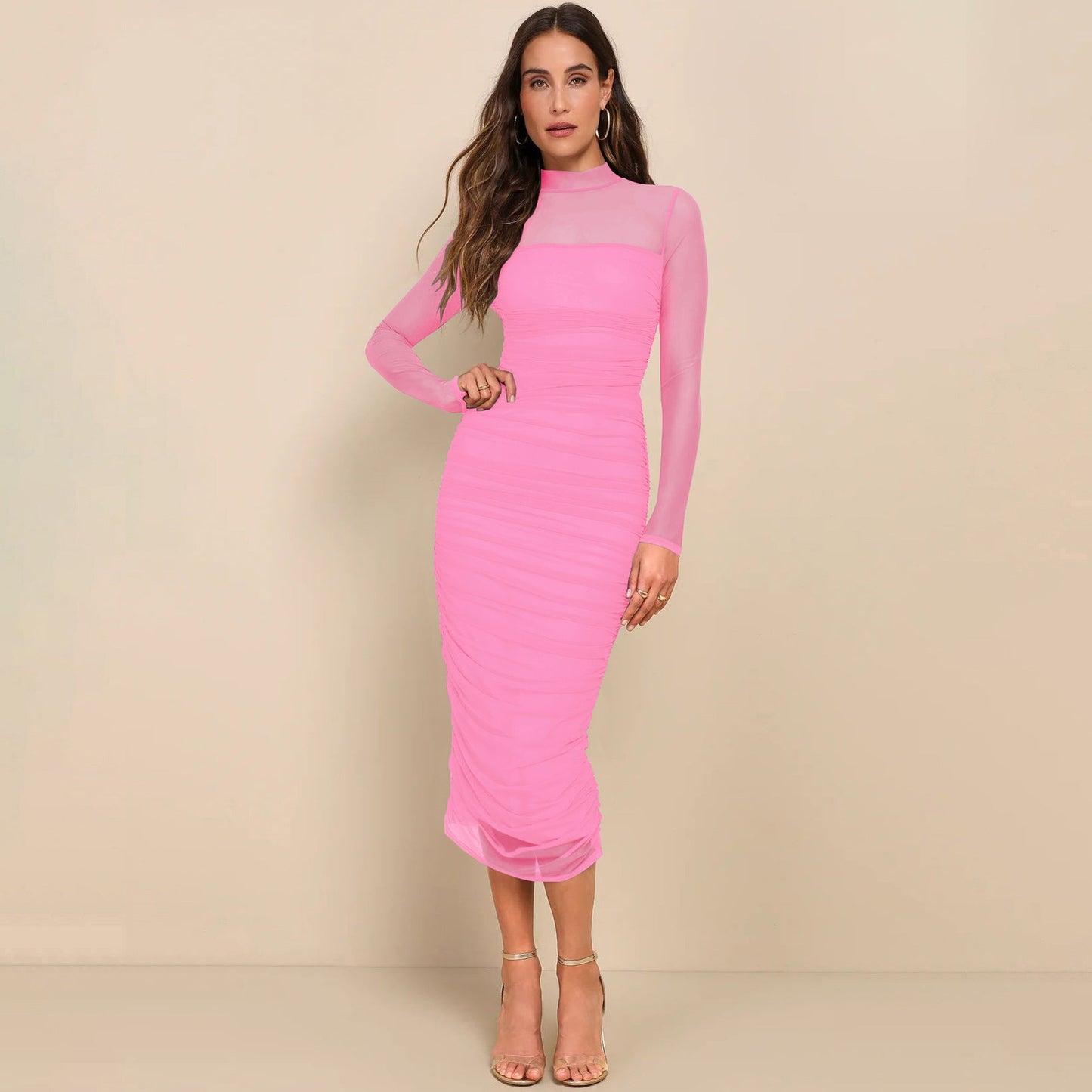 Sexy Mesh Pleated High-Neck Dress