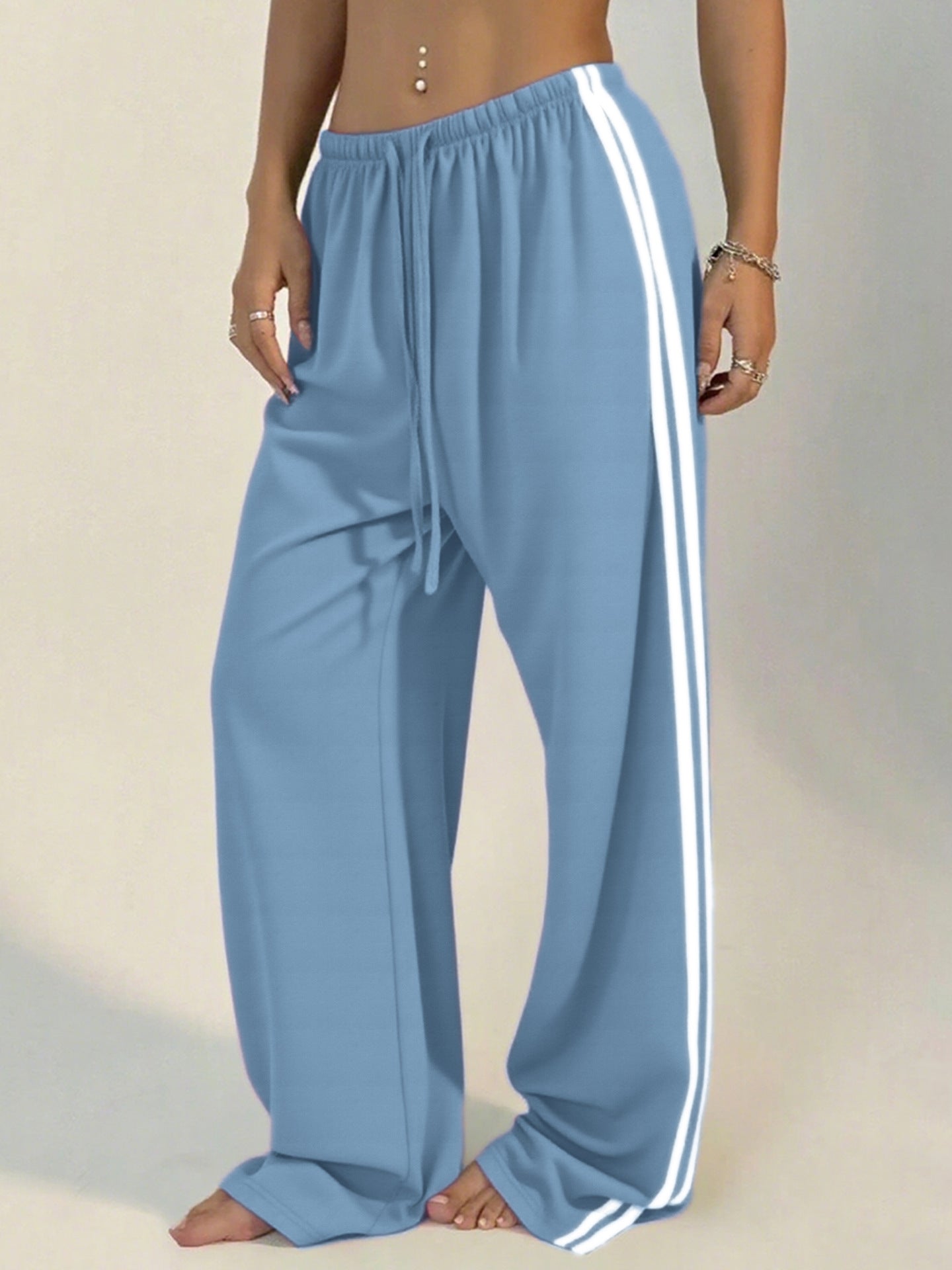 Women's Wide-Leg Striped Slacks with Drawstring Waist