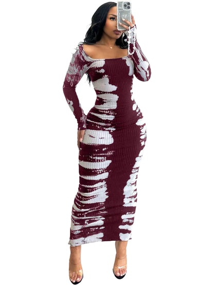 Pit Strip Print Rear Slit U-Neck Dress