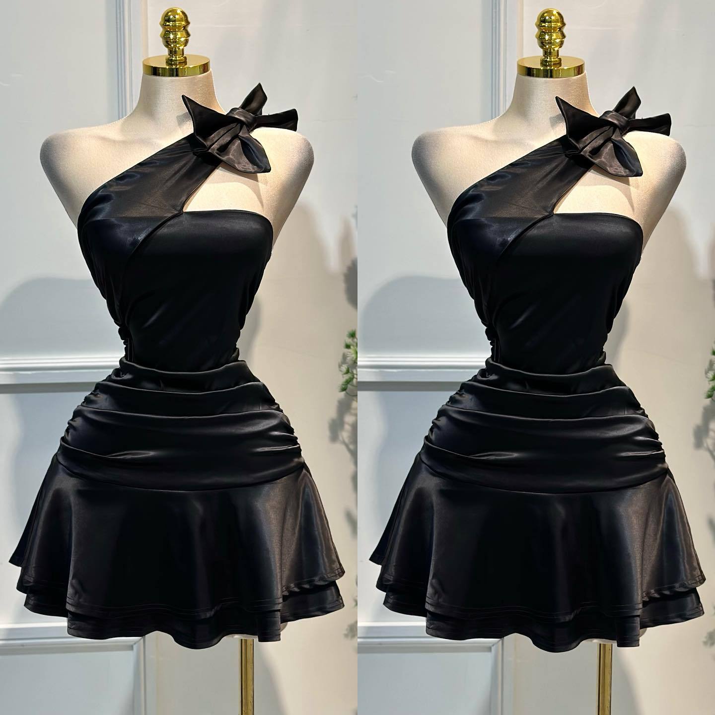 Sweet Bow Slanted Shoulder A-Line Dress