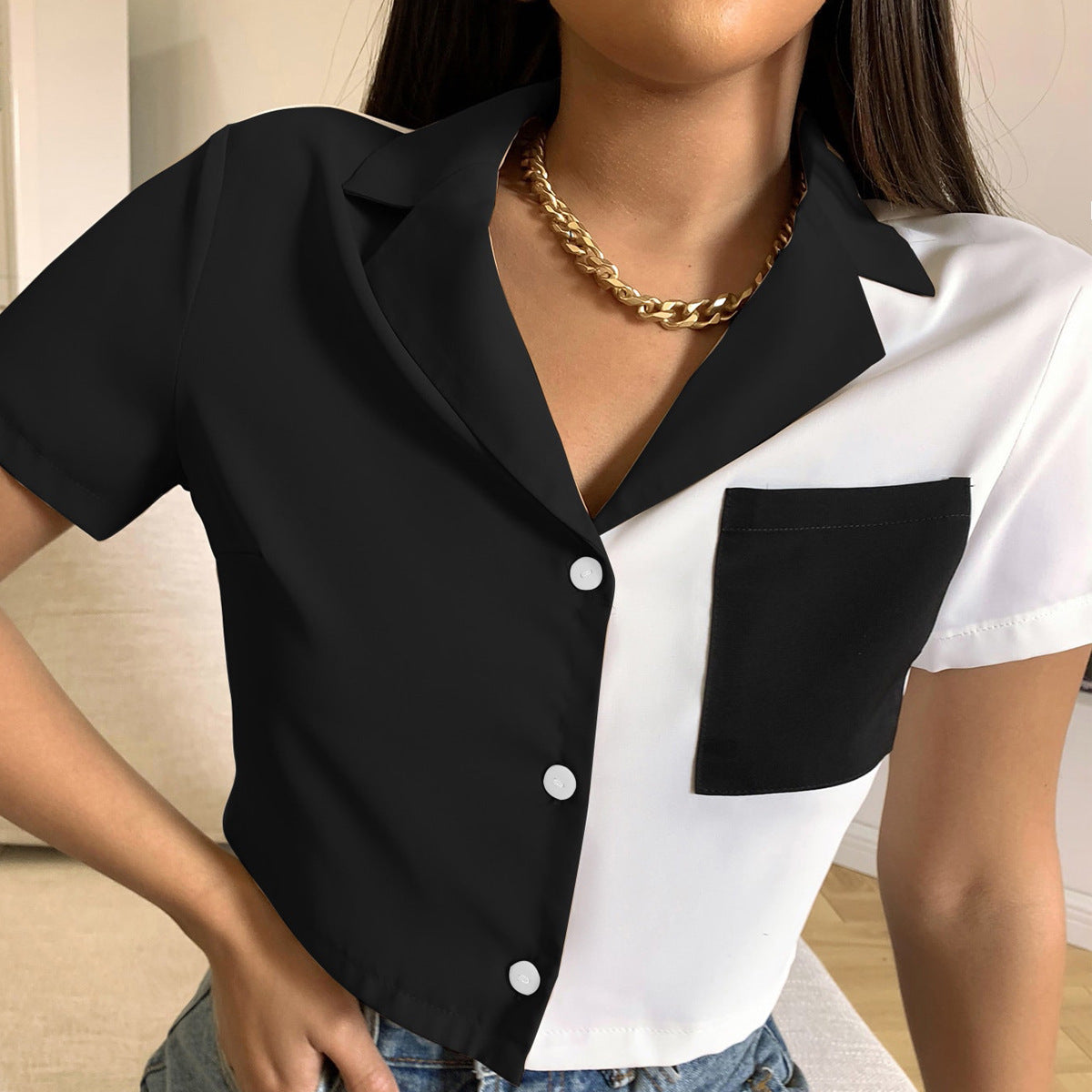 Women's clothing new sexy single-breasted short-sleeved shirt