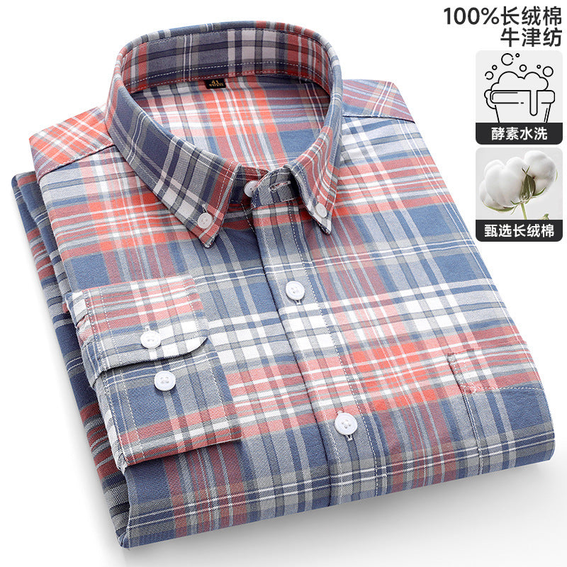 Men's 100% Cotton Oxford Plaid Shirt  Plus Size, Long Sleeve