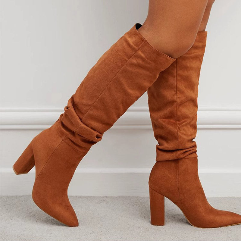 High Pointed Toe Block Heel Boots