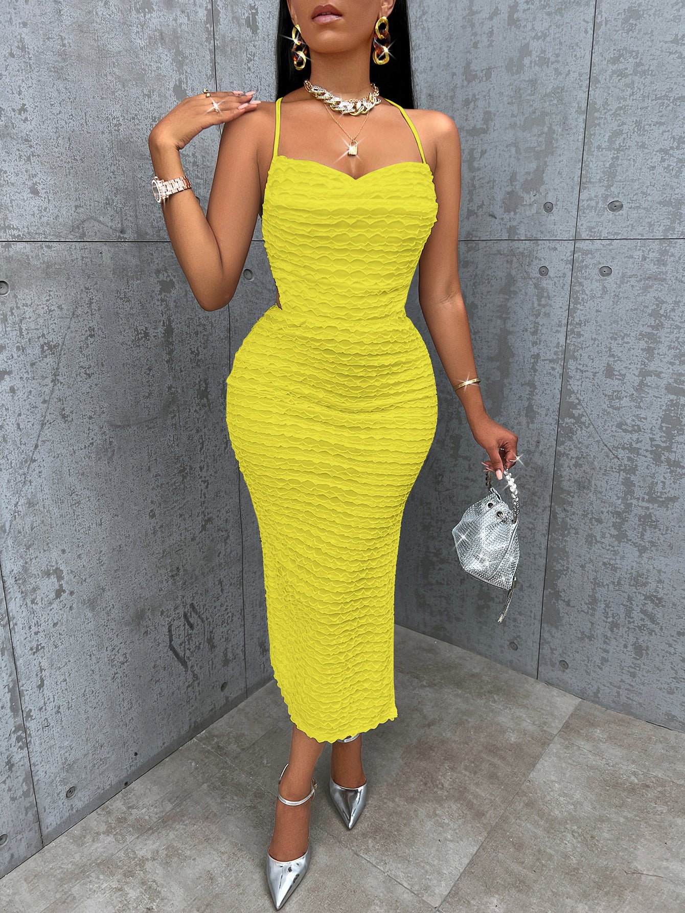 Fashion sexy style women's clothing - new solid color suspender back dress - S / Yellow Fashion sexy style women's clothing - new solid color suspender back dress - S / Yellow