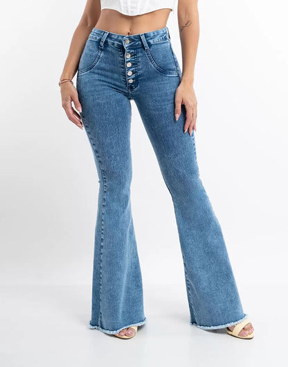 High waist elastic spike button raw fringe jeans