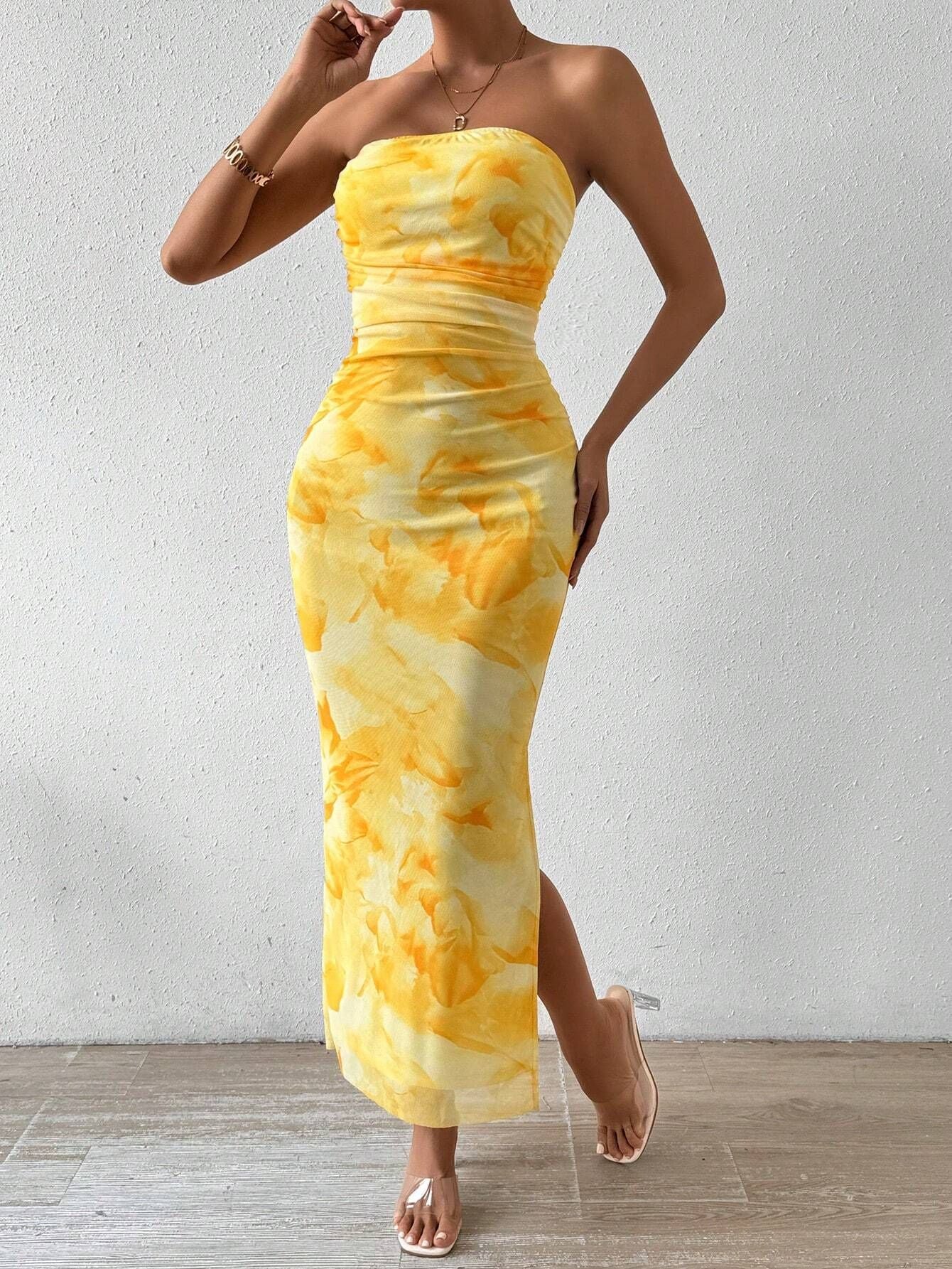 Mesh Floral Ruffle Bandeau Slit Long Skirt