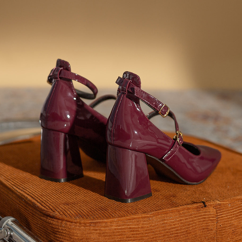 Mary Jane Leather Burgundy Heel Heel Temperament (On Hand)