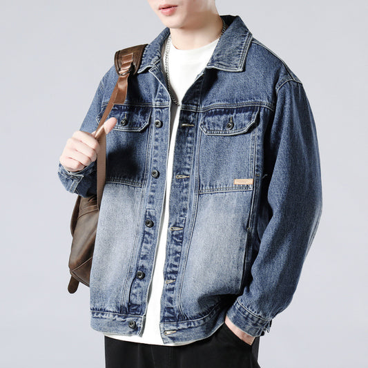 Men's Washed Denim Jacket  Loose Retro Casual Lapel Coat