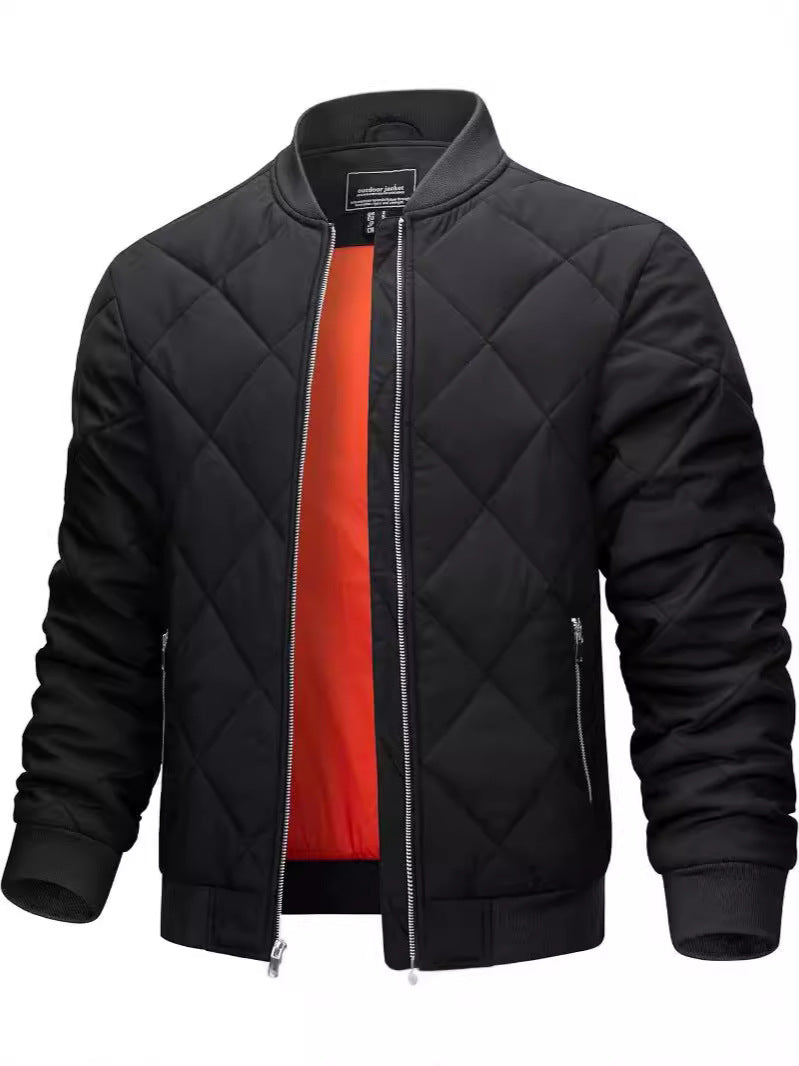 Mens Light Cotton Jacket Diamond Quilted Stand Collar, Warm Casual Coat (On Hand)