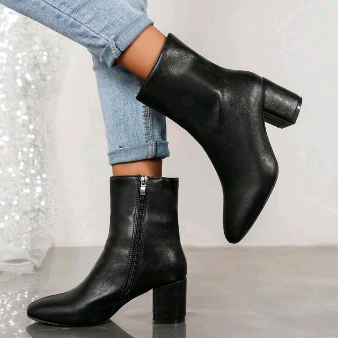 New high heel block heel side zipper leather boots