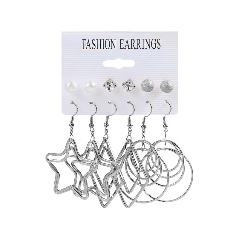 Five Pointed Star Circle Alloy Earrings with Pearl and Diamond Studs - 6 Pairs