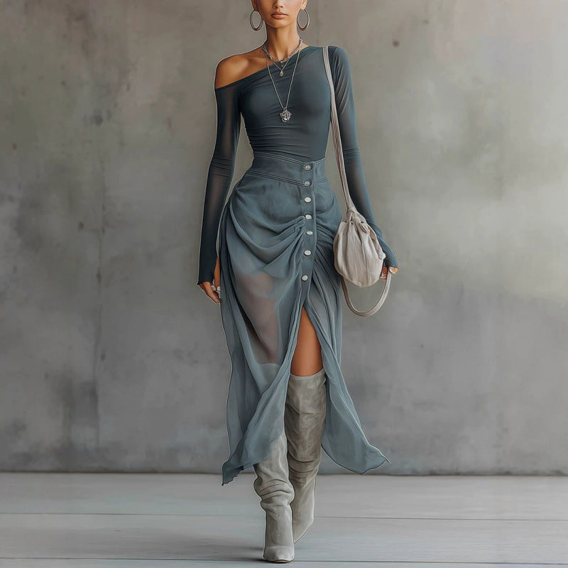 Asymmetrical Shoulder Top, Slit Pleated Midi Skirt Set, Asymmetrical Shoulder Set