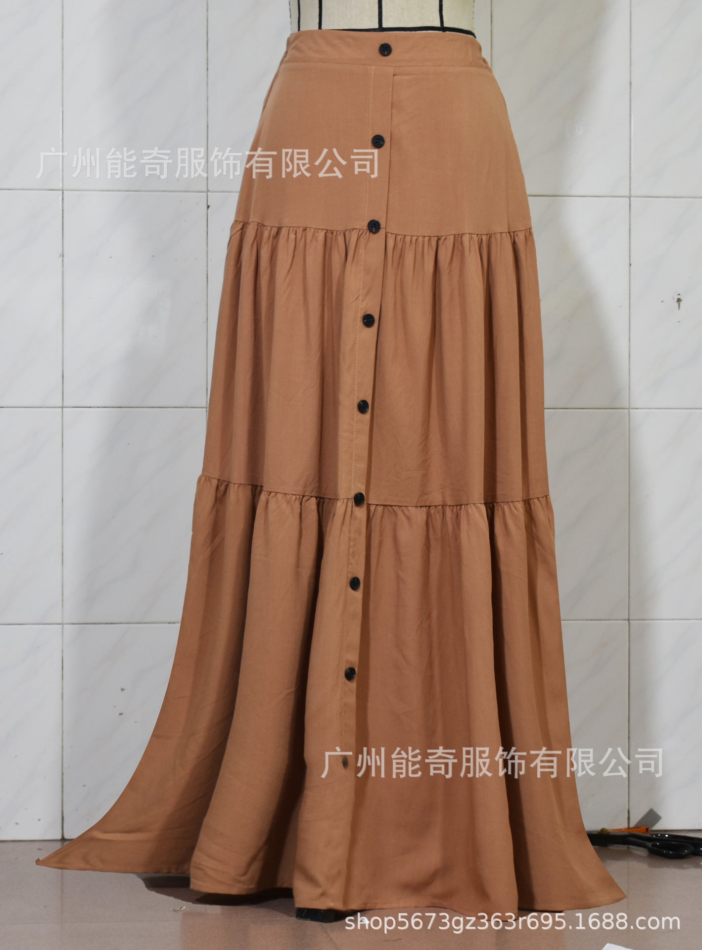 Women's Button-Front Elastic Waist Long Cake Skirt