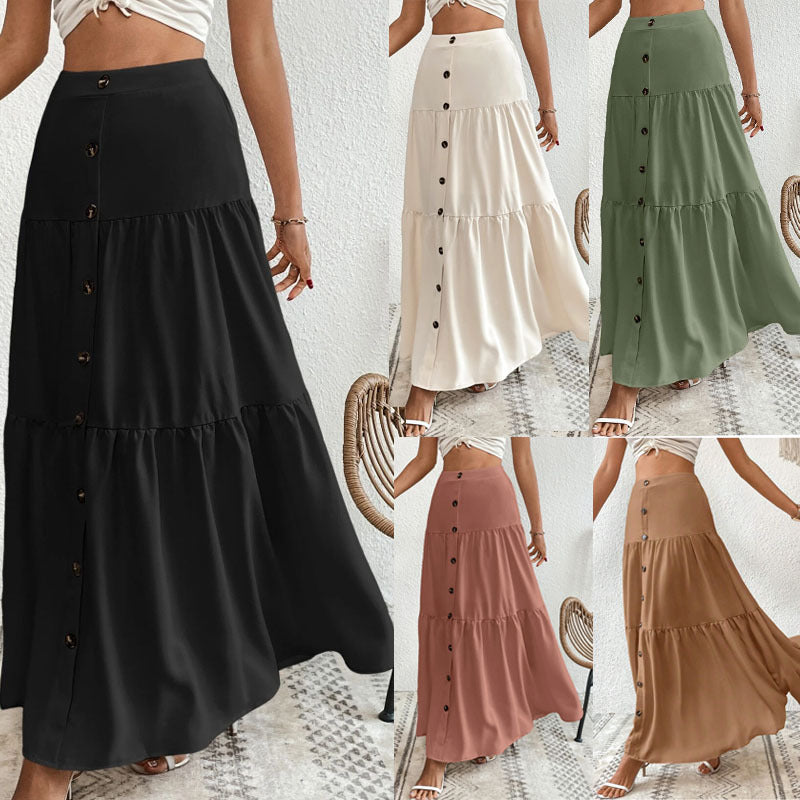 Women's Button-Front Elastic Waist Long Cake Skirt