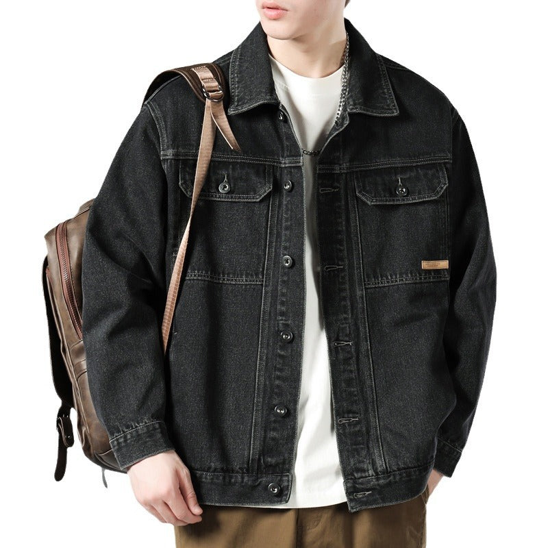 Men's Washed Denim Jacket  Loose Retro Casual Lapel Coat