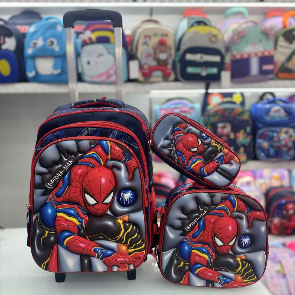 Cartoon 16Inch three-piece set with a rolling rod backpack 3D hard shell backpack with wheels