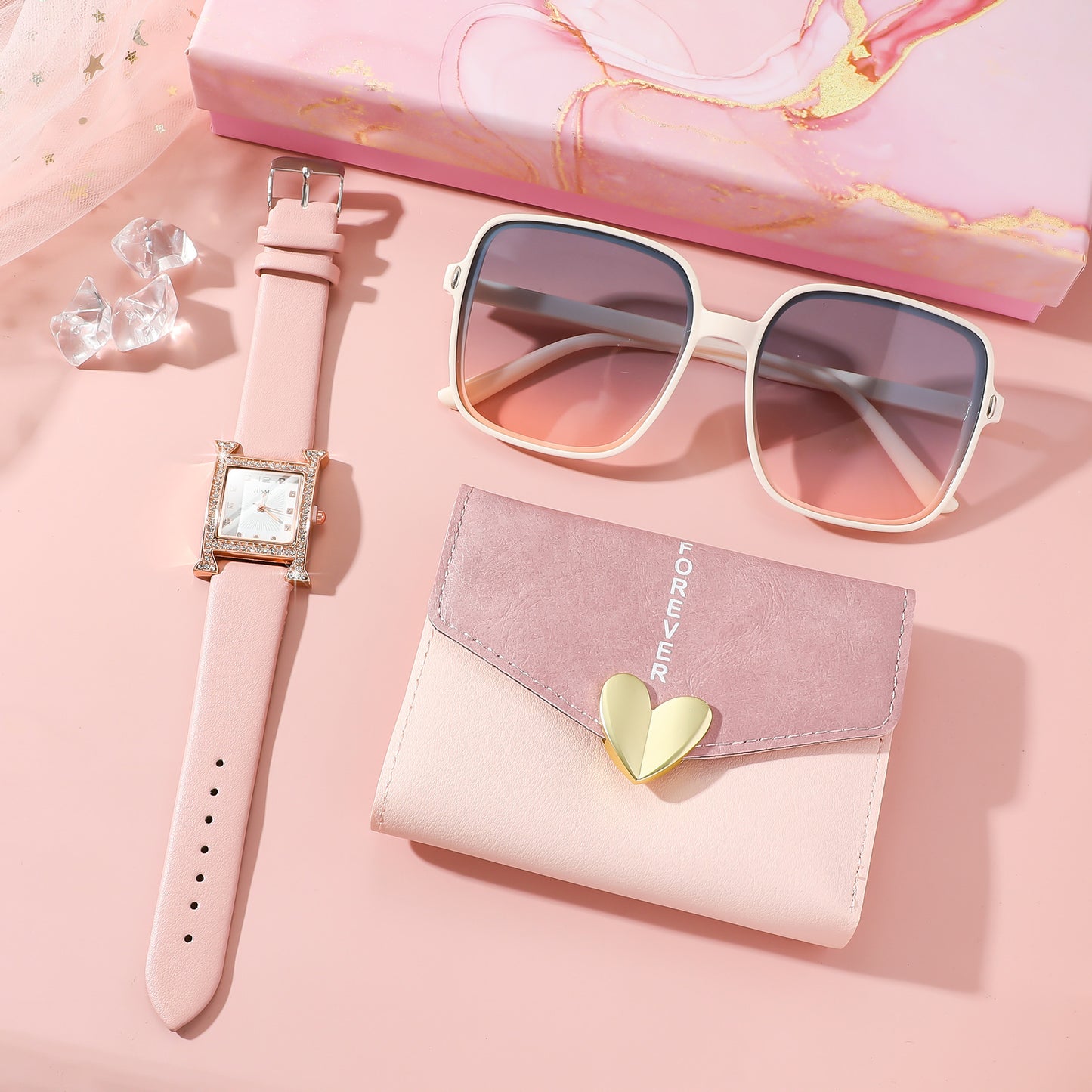 Elegant Ladies' Gift Set: Simple Fresh Square Diamond Belt Watch, Wallet, and Sunglasses