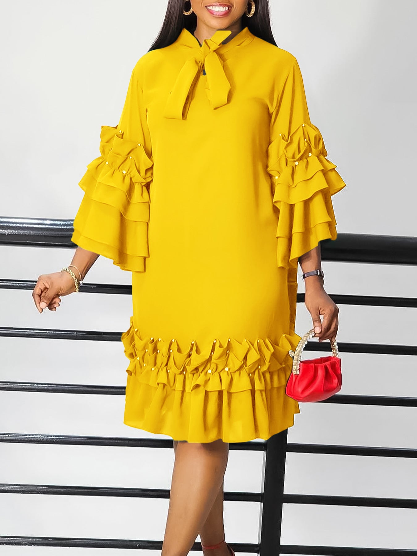 Elegant Multi-Layer Ruffle Sleeve Dress