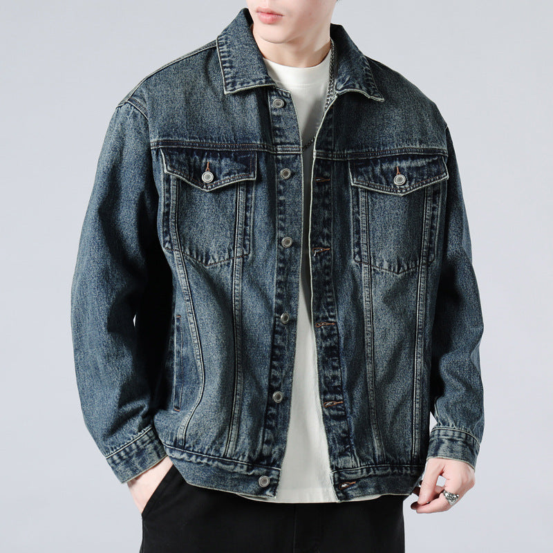 Men's Washed Denim Jacket  Loose Retro Casual Lapel Coat