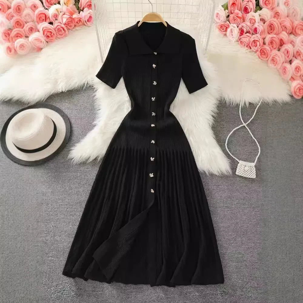 Elegant French-Style Knitted Polo Dress for Women