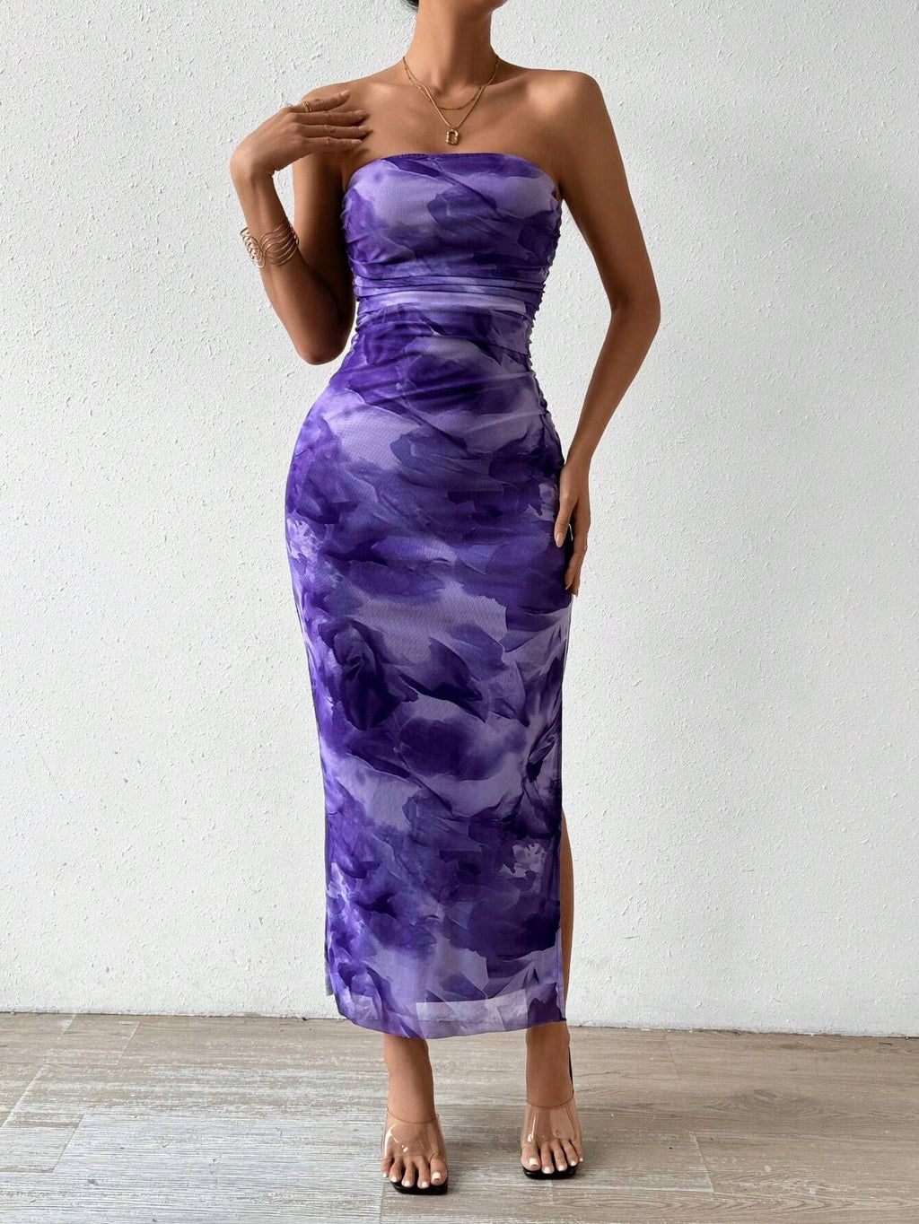Mesh Floral Ruffle Bandeau Slit Long Skirt