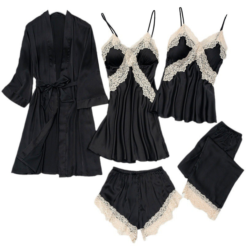 Women's Ice Silk 5-Piece Pajama Set – Sexy Cami Nightdress & Loungewear