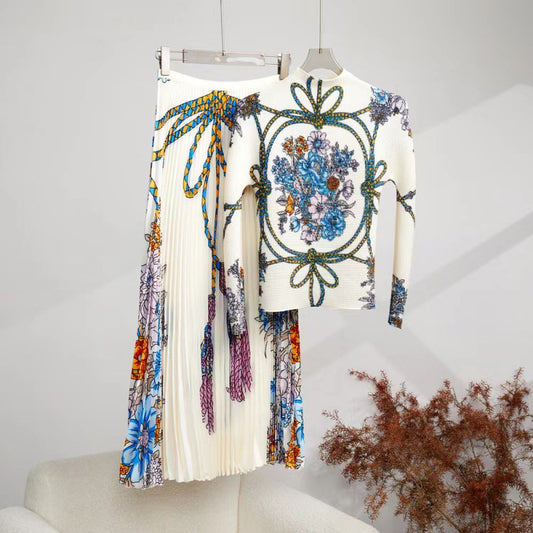 Autumn Women's Fashion Pleated Top & Skirt Set