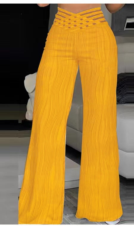 Women's high-waisted slacks, draped pleated cut-out water ripple wide-leg trousers