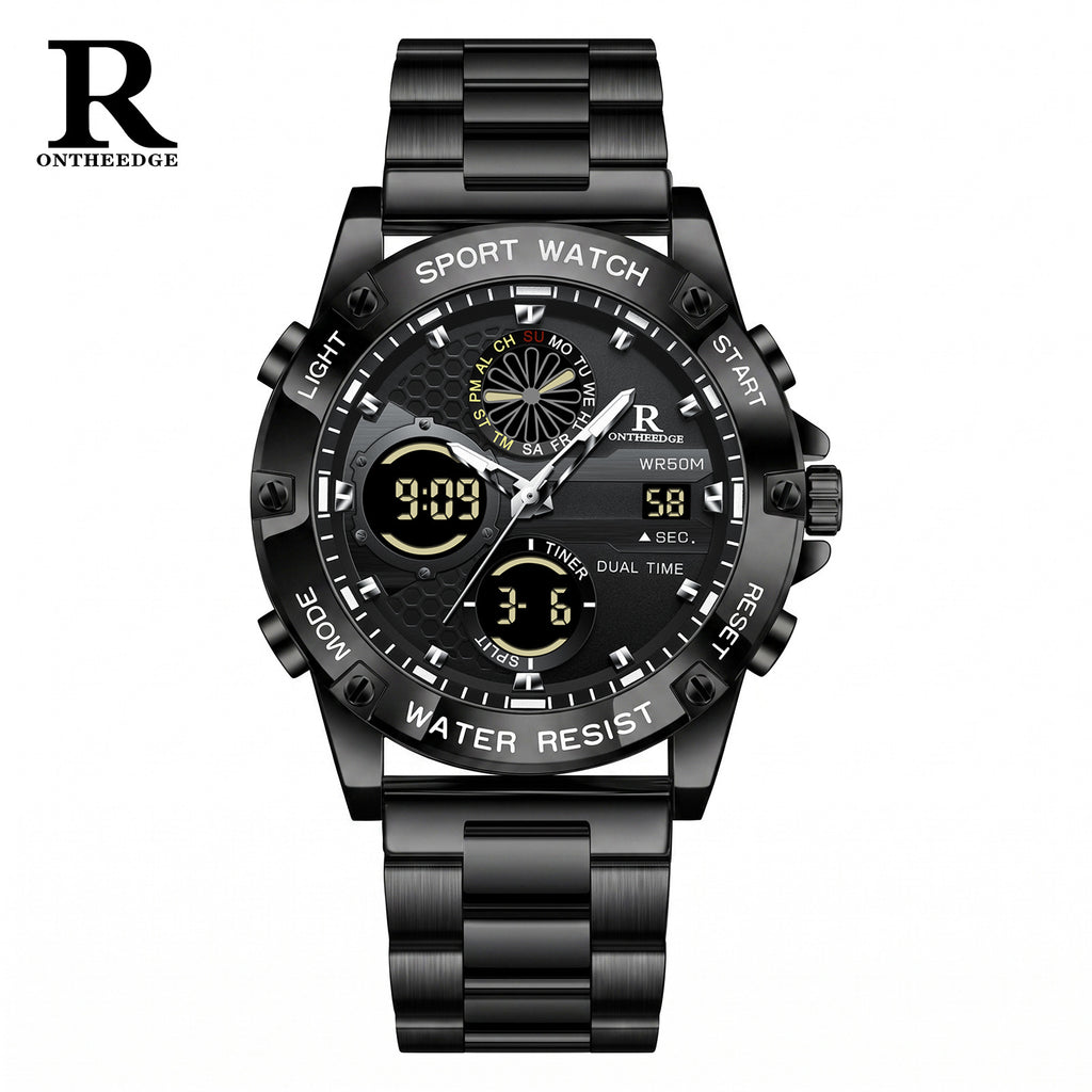 Men's Dual Display Leather Watch with Alarm & Calendar