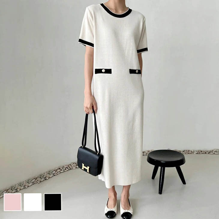 Summer French Elegant Knit Dress  Korean/Japanese Style Slim Mid-Length Skirt