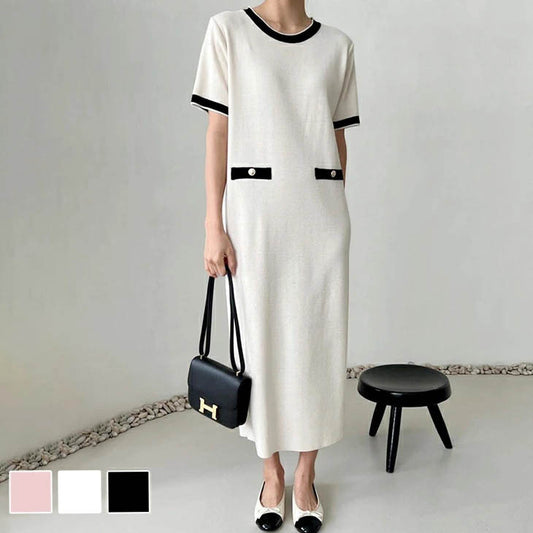 Summer French Elegant Knit Dress  Korean/Japanese Style Slim Mid-Length Skirt