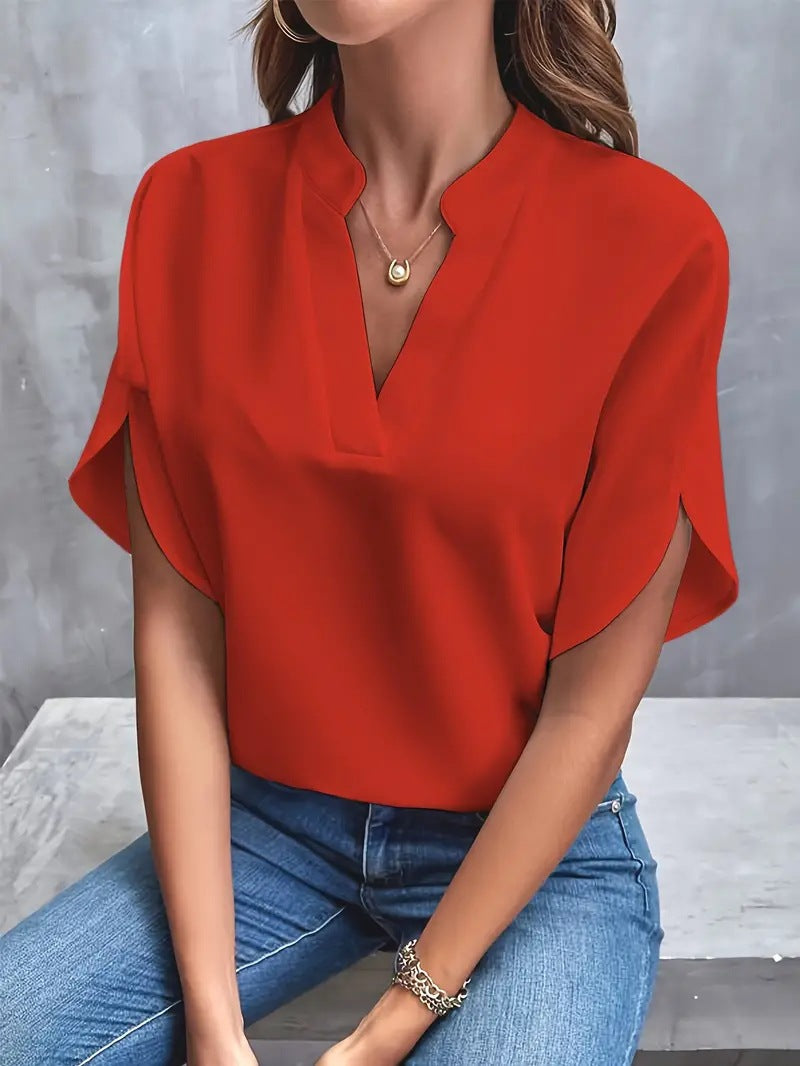 Summer Casual V-Neck Loose Fit Women’s Solid Color Top