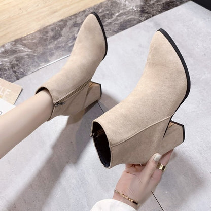 High Heeled Boots Side Zipper - Fashion Block Heel