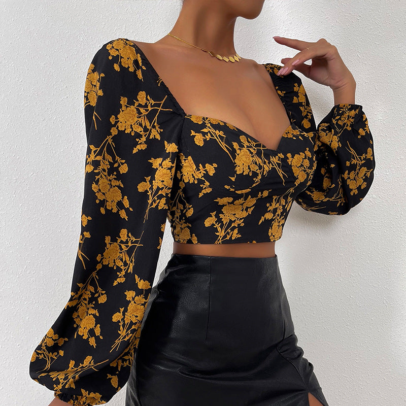 Autumn new fashion flower print long-sleeved T-shirt