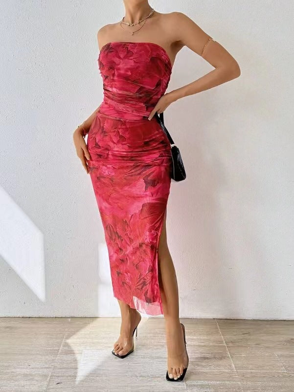 Mesh Floral Ruffle Bandeau Slit Long Skirt
