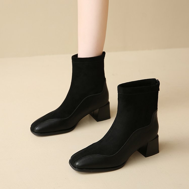 Retro Black Skinny Boots  Frosted Square-Toe Martin Boots for Women (On Hand)