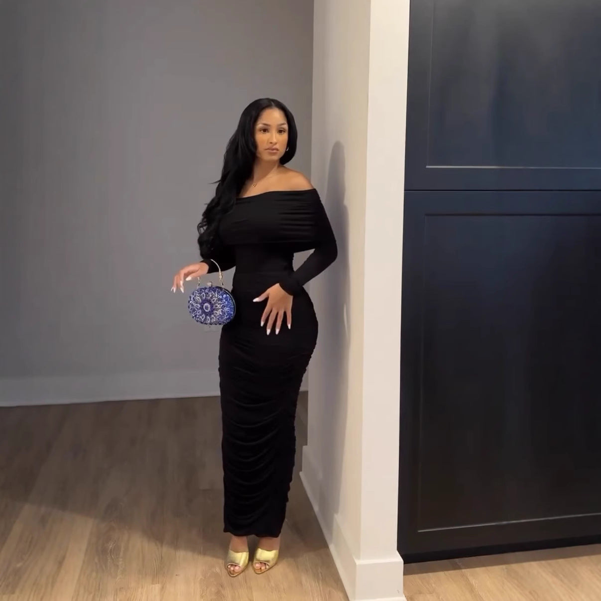 Sexy One-Shoulder Mesh Long Sleeve Bodycon Maxi Dress for Women