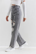 Gray wash ripped straight pants