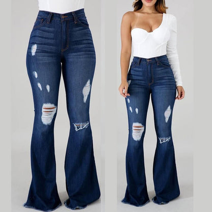 High-elastic ripped, high-waisted flared jeans