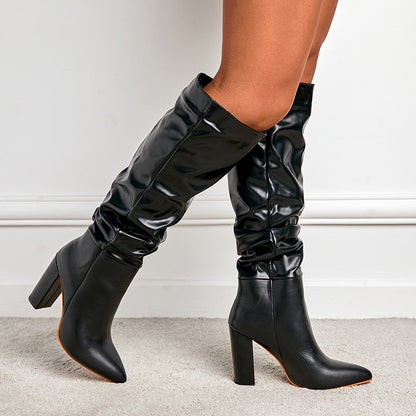 High Pointed Toe Block Heel Boots