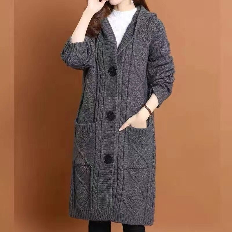 Heavy Industrial Jacquard Hooded Knit Cardigan