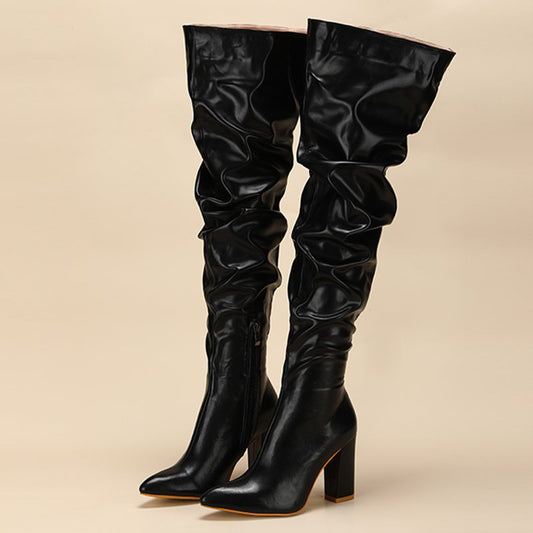 Autumn/Winter Pleated Block Heel Over-the-Knee Boots  Plus Size