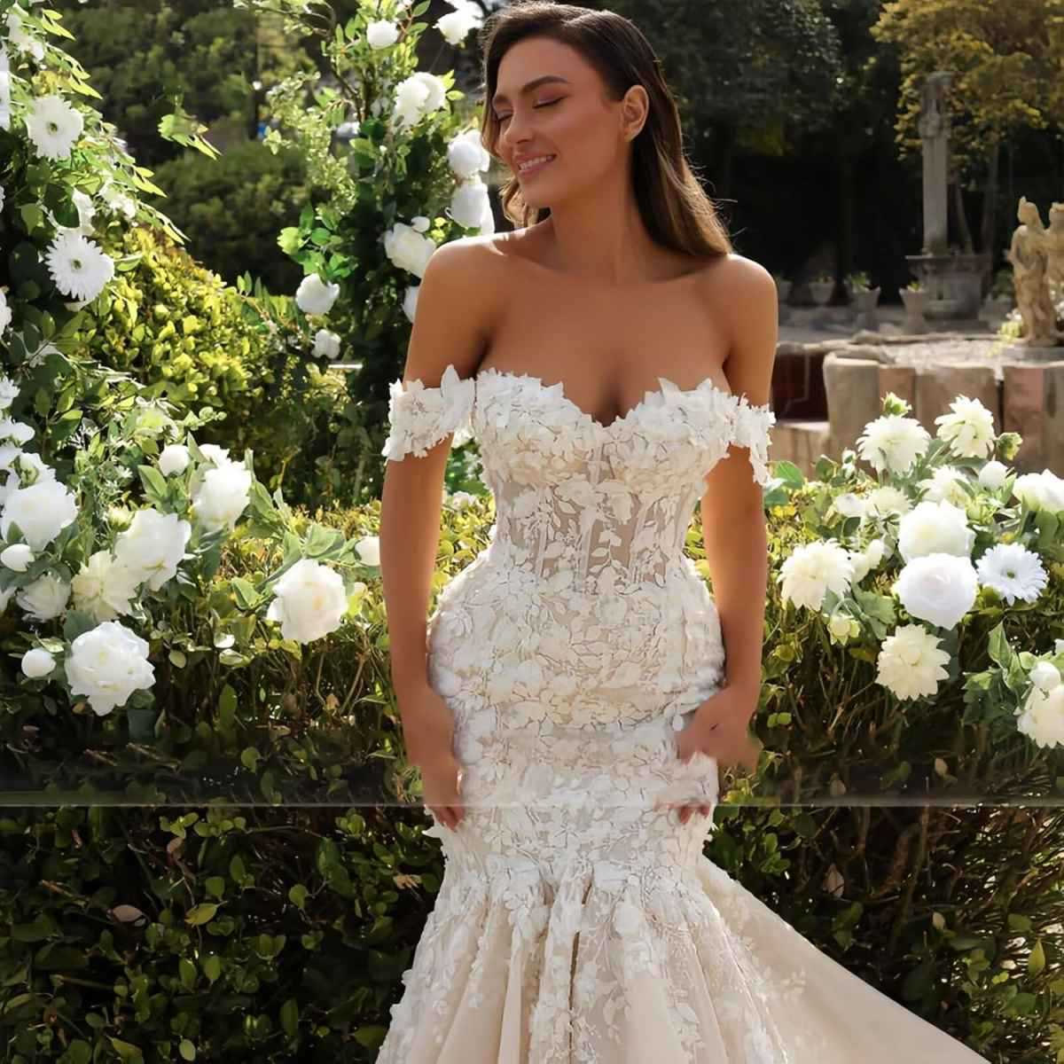 Floral One-Shoulder Fishtail Lace Wedding Dress  Luxury Gauze Bridal Gown
