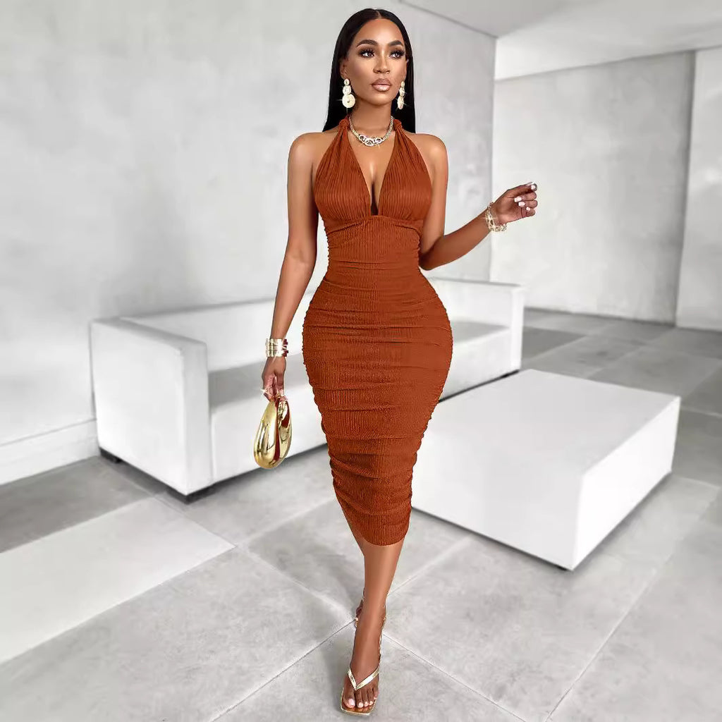 Women's independent station hit the summer solid color halterneck hip dress