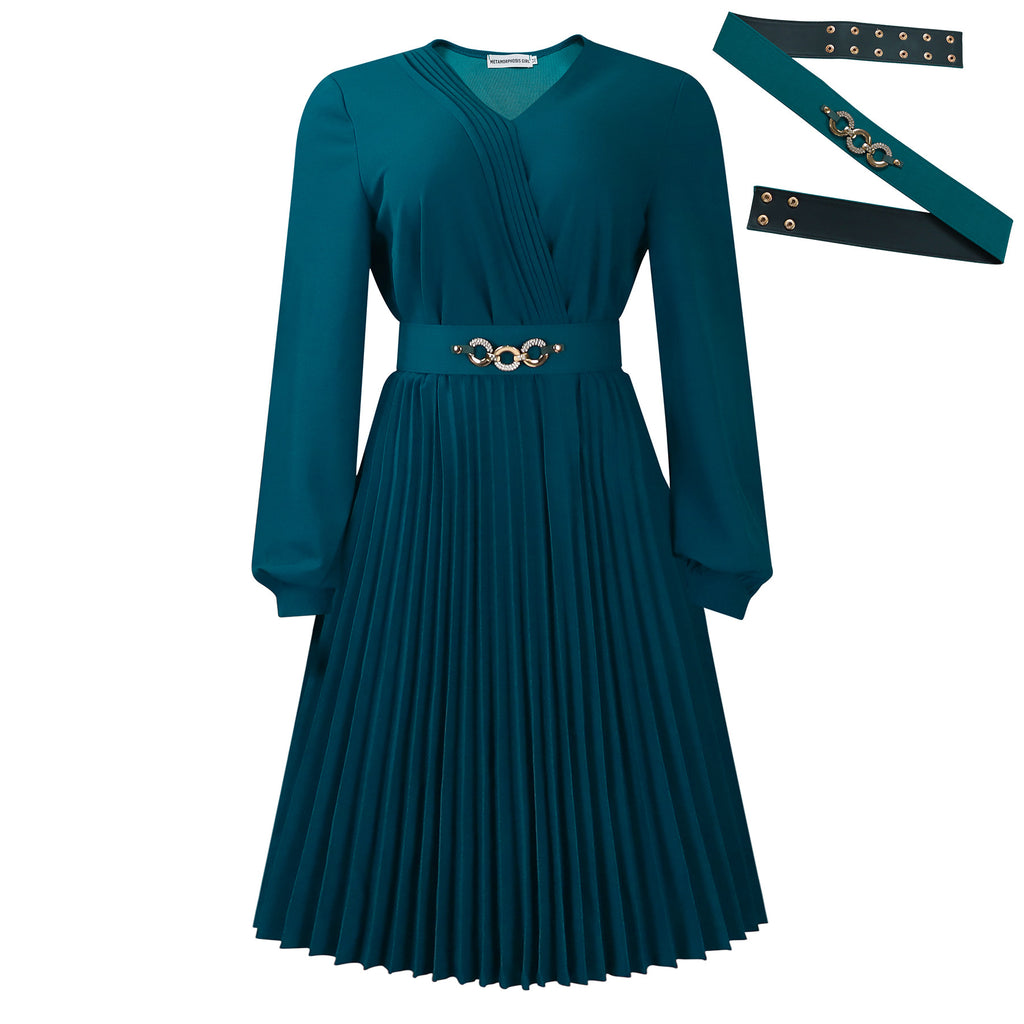 V-neck fashion: temperament elegant solid color pressed pleated large size African dress